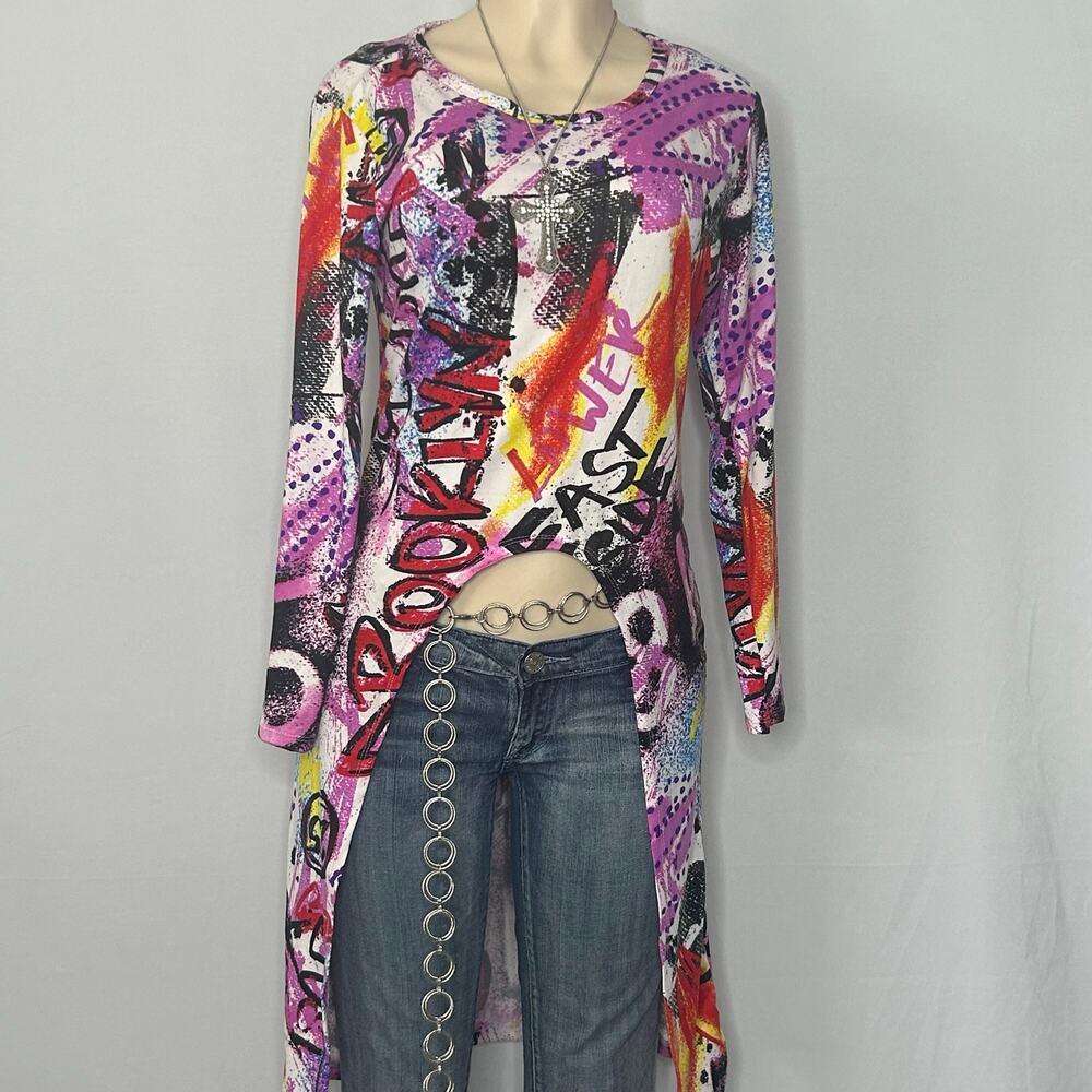 Y2K NYC Graffiti Asymmetrical Tunic Top XL Abstract Art Fairy Grunge Mesh